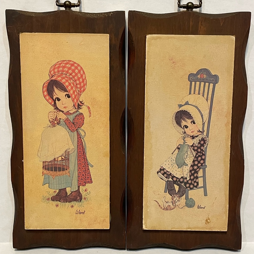 VTG WARD Big Eye Bonnet Girls Cottagecore Wall Art Wooden Plaques, Set Of 2